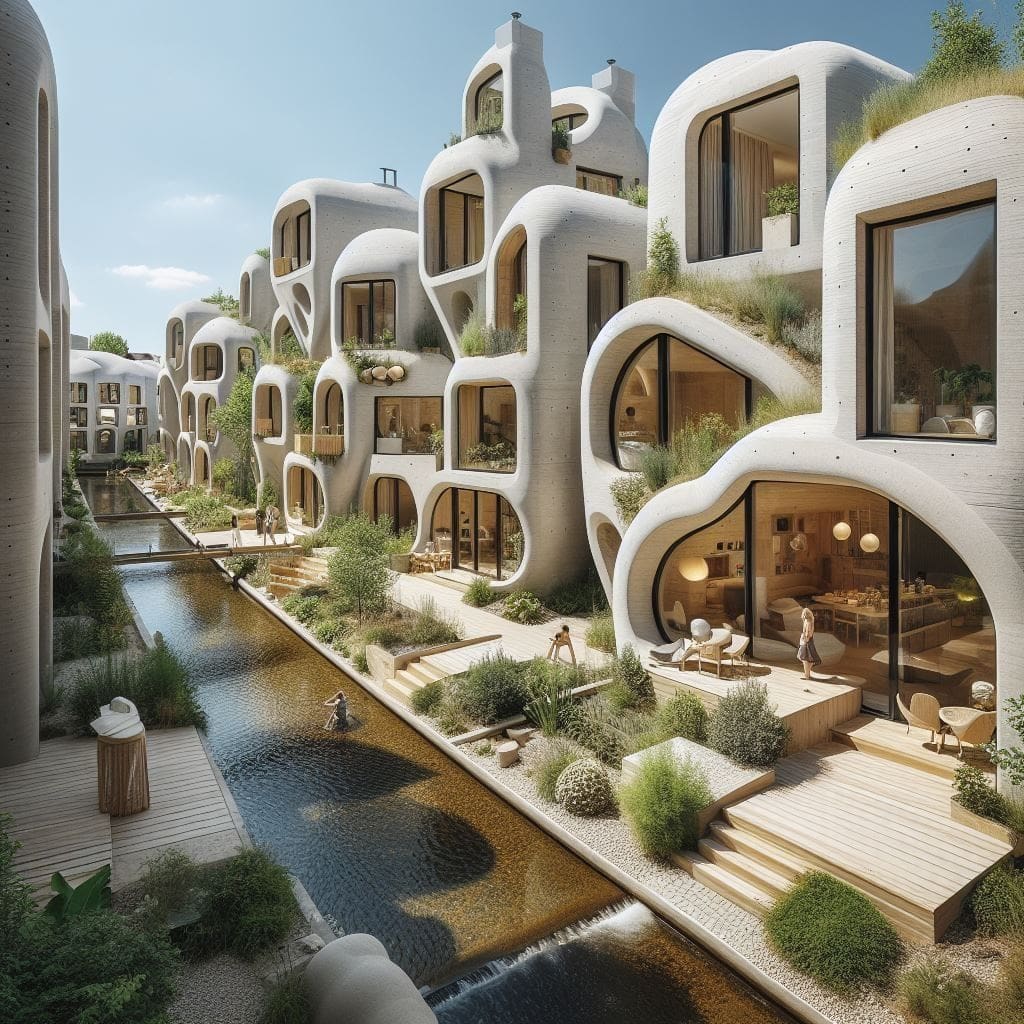 A row of Solarpunk semi-detached houses with organic shapes, green roofs, ample wooden terraces and a river flowing along