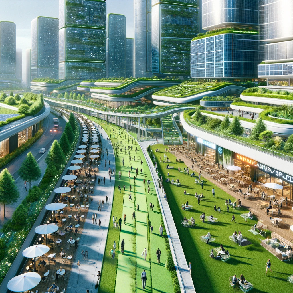 Futuristic Solarpunk city landscape with plenty of green roofs and vertical garden towers in the backdrop; people are enjoying sitting in a cafe or promenading along a big boulevard; no cars